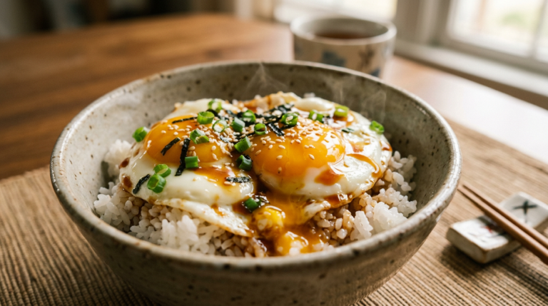 Japanese egg rice bowl with soft eggs and glossy sauce