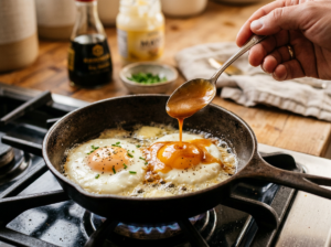 Cooking eggs in butter with sauce in a pan